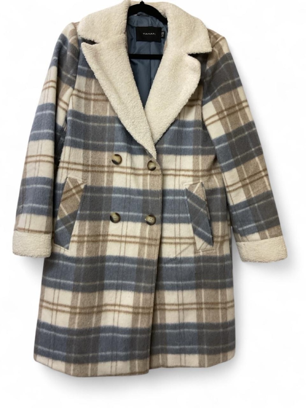 Tahari Girls Plaid Double-Breasted Coat with Sherpa Collar - Cream, Gray & Tan
